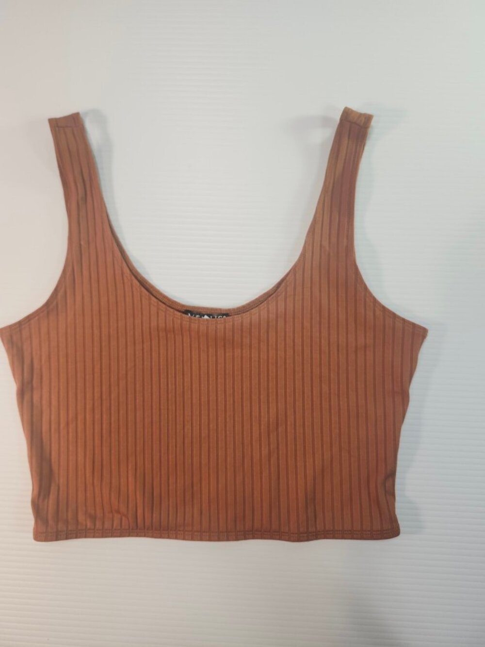 Venus Brown Ribbed Crop Tank Top S